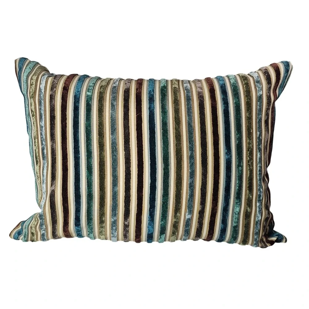Vintage Pier 1 Striped Velvet Lumbar Accent Throw Pillow Down Filled 18x14